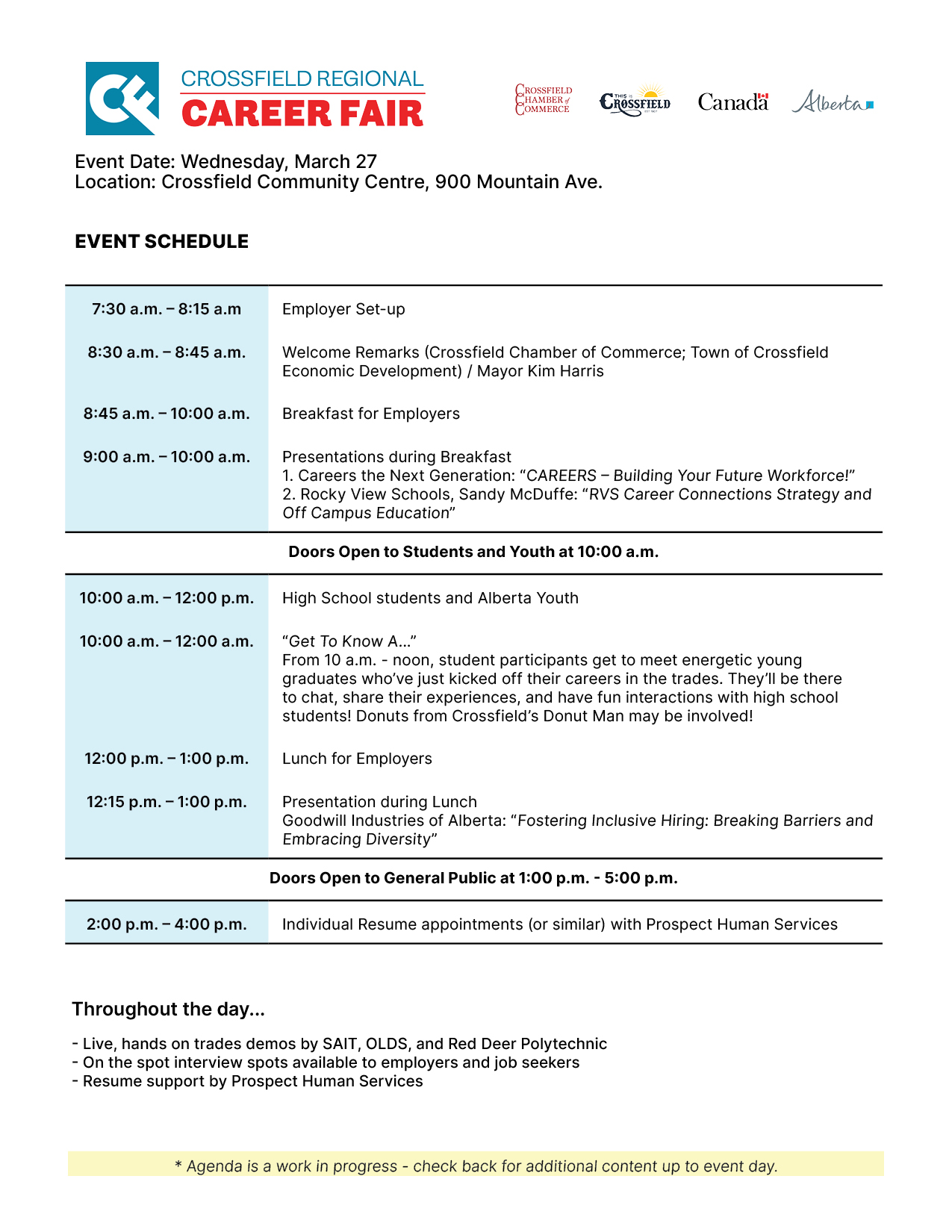 Crossfield Regional Career Fair Event Schedule